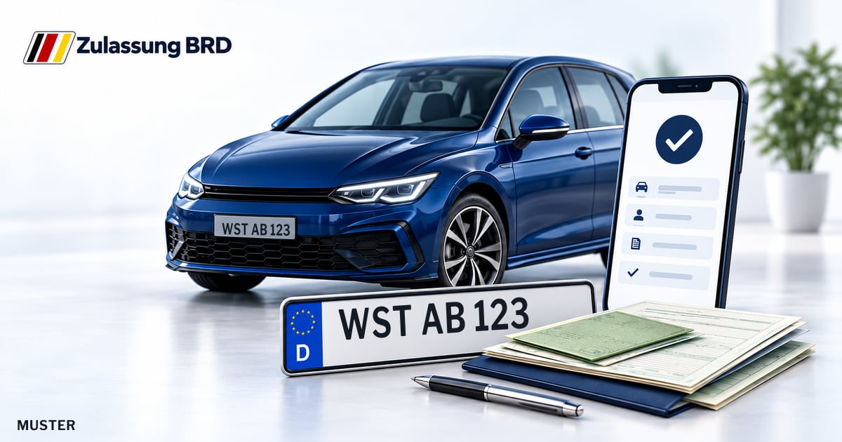 Online Fahrzeugzulassung in Apen: Musterkennzeichen WST AB 123, Auto und Fahrzeugpapiere und Smartphone. Illustration mit Logo von Zulassung BRD.